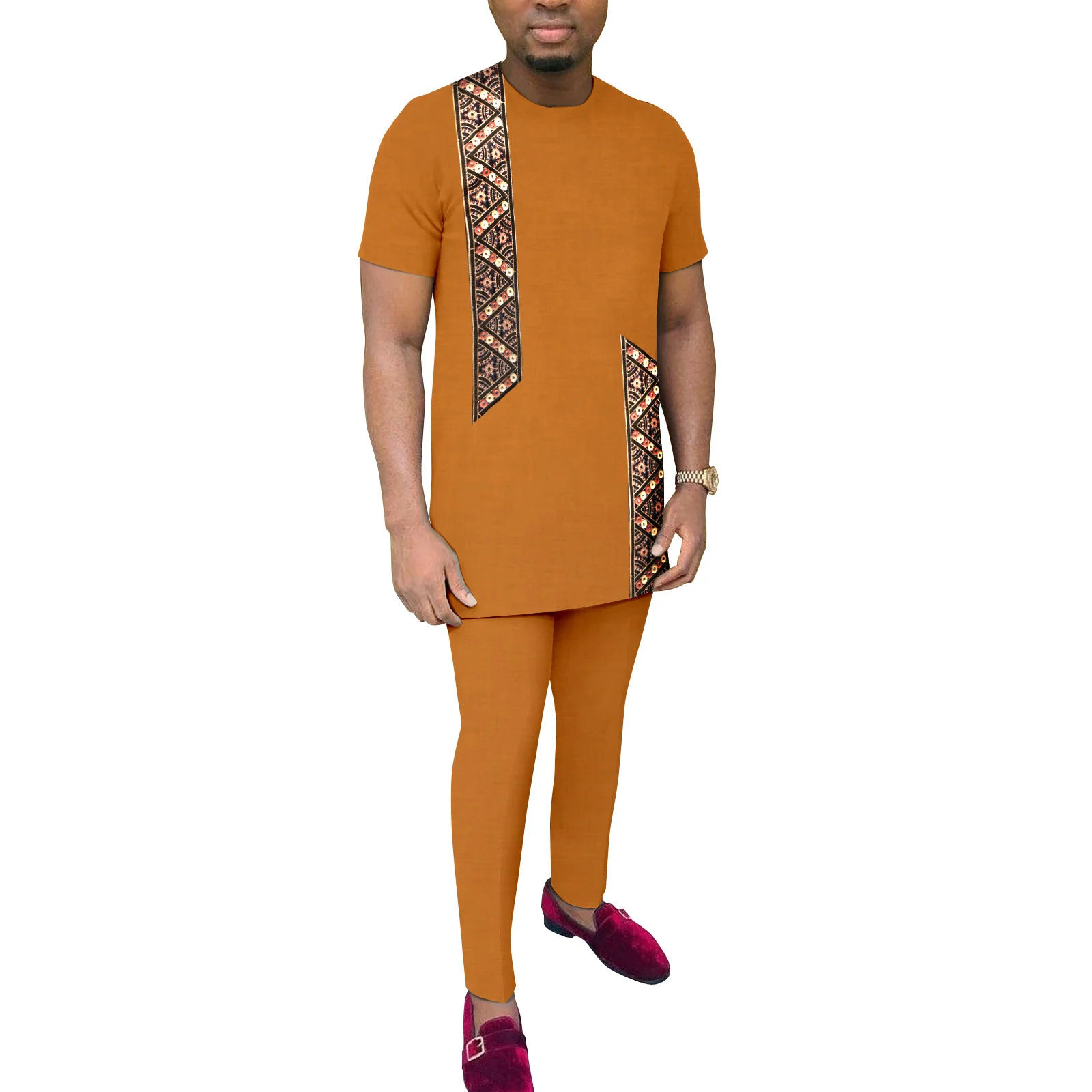 

Костюм в африканском стиле для мужчин, Свадебный новый летний мужской комплект, рубашка с коротким рукавом и круглым вырезом, однотонная простая и повседневные брюки, из двух предметов