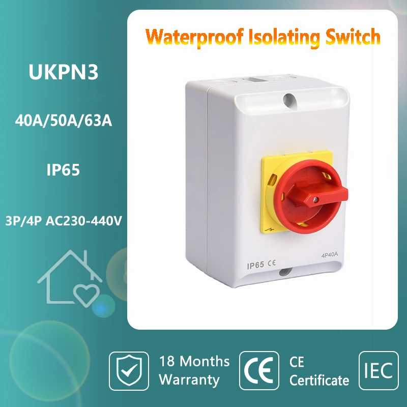 

IP65 Weatherproof Switch ON OFF Rotary Changeover Cam Main Interruptor Disconnector Electric Safty Control Isolator 4P63A