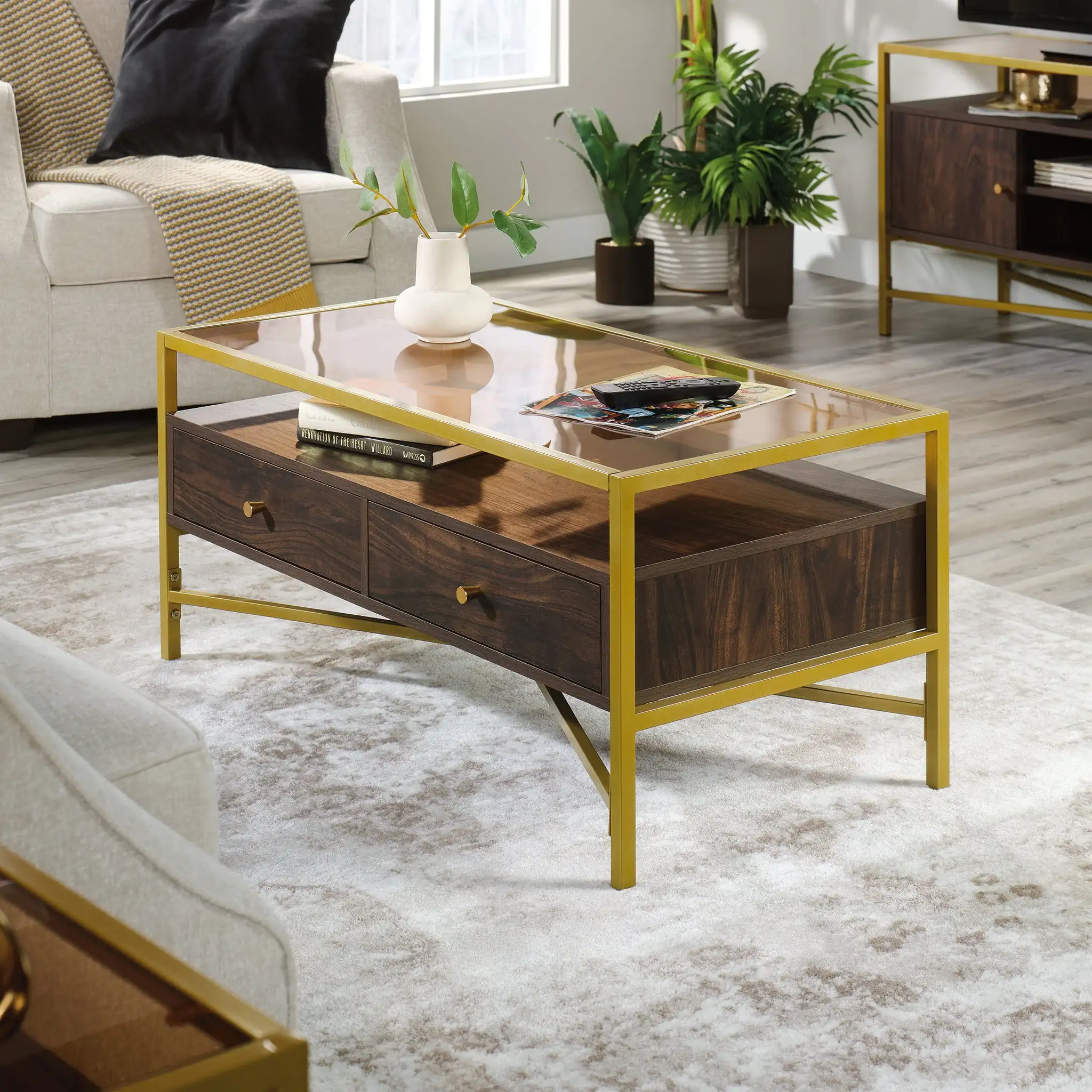 

Glass Top Gold Metal Rectangular Coffee Table with Storage, Rich Walnut Finish