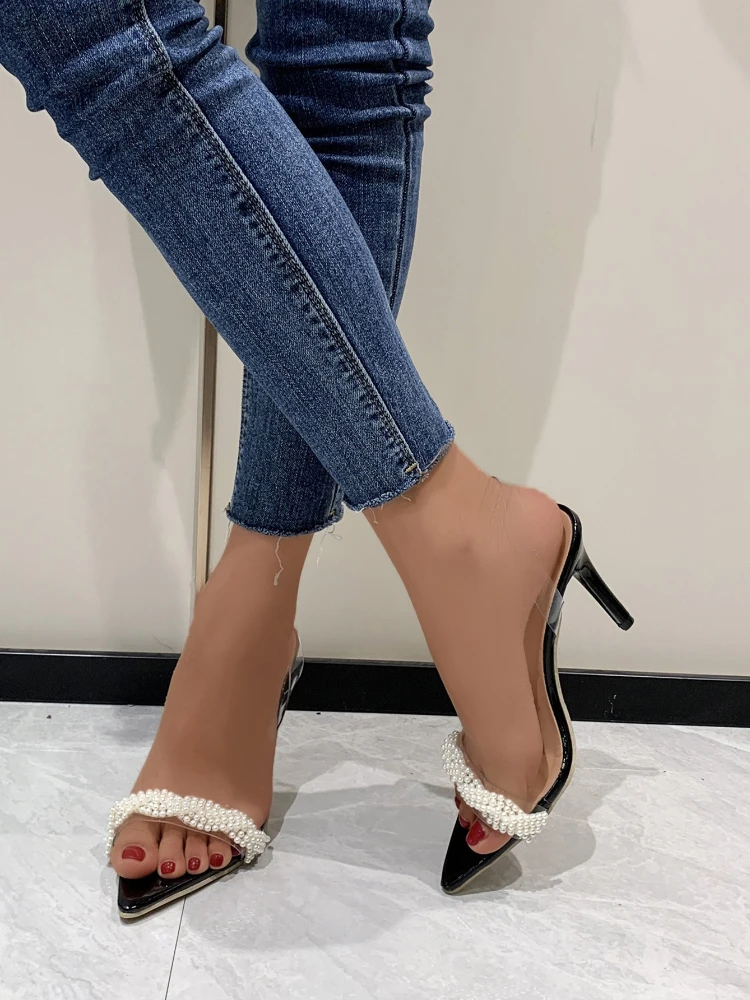 

One word high heel sandals with big yards female fairy pearl decoration cross-border wind of new fund of 2022 summer shoes