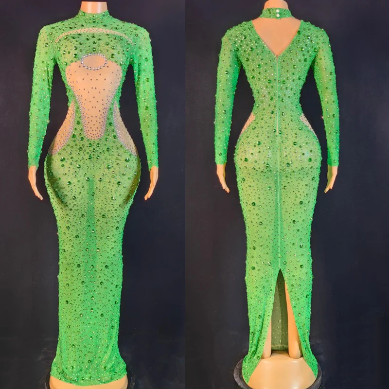

Женское длинное платье с эластичной сеткой, зеленое облегающее платье для сцены, вечернее платье для ночного клуба и бара, модель DN16015