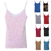 fashionable women sequin camisole sleeveless low cut round neck tight tops for summer spring women clothing