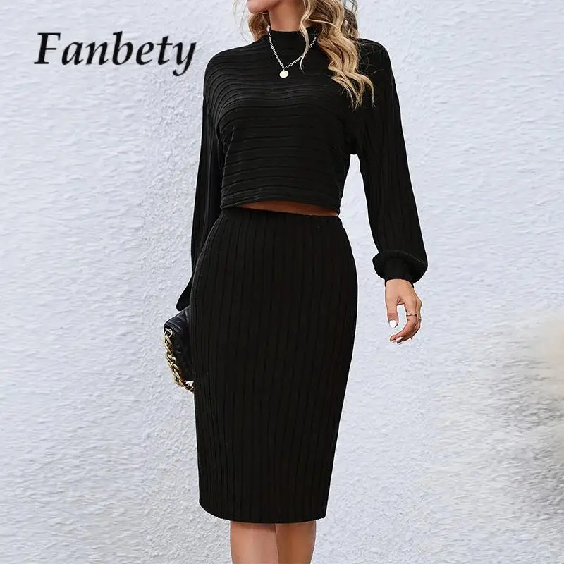 

Элегантный комплект из рубашки с круглым вырезом и юбки с запахом, повседневные однотонные костюмы из двух предметов с длинным рукавом, осенняя трикотажная одежда, Женская Сексуальная мини-юбка, наряд