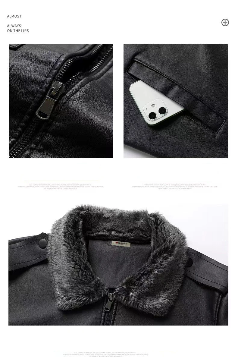 Men's Fleece Leather Jacket Autumn Casual Warm Sports Jacket Windproof Lapel Leather Jacket Menswear Fur Collar Coat Cold