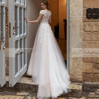 miss veil sweetheart wedding dress cap sleeve a line modern tulle bridal gown lace appliques button sweep train vestido de novia