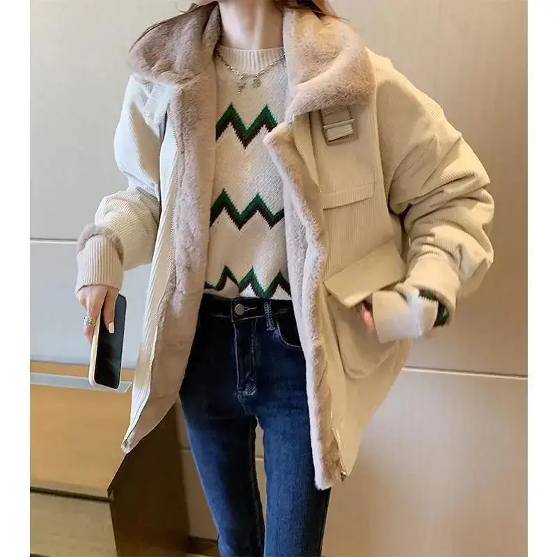 Lamb wool fleece thickened warm parka women's single-breasted cotton suit long-sleeved Leisure loose All-match corduroy female