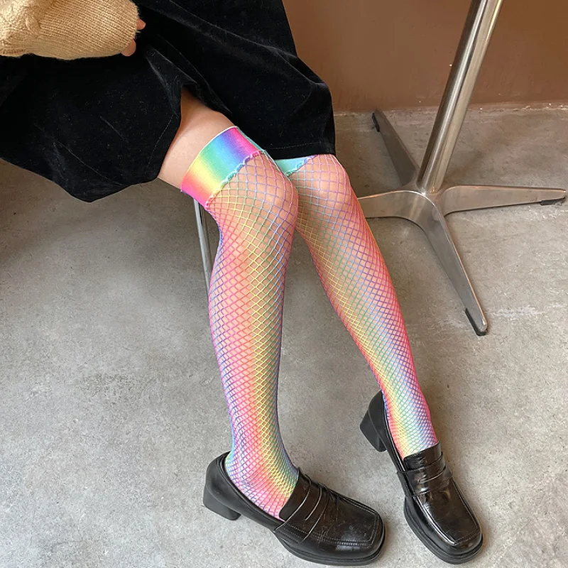 

Летние женские сетчатые строительные чулки, цветные радужные Ажурные Гольфы JK выше колена, длинные носки, цветные полосатые костюмы для косплея