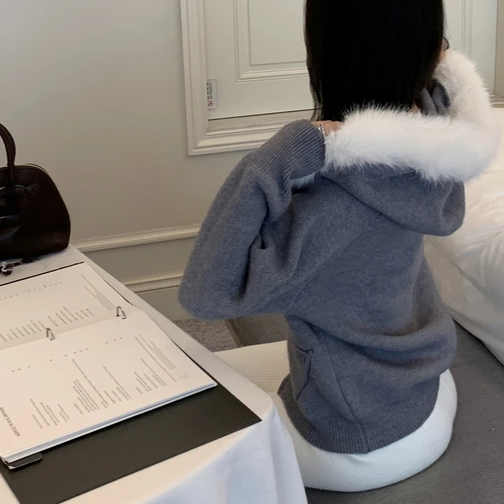 KUSAHIKI меховой свитер с капюшоном для женщин осень-зима вязаный кардиган двойной