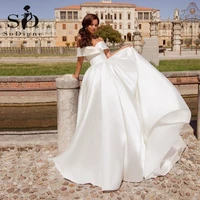 sodigne elegant satin wedding dress off the shoulder ruched pleat simple vestido de noiva lace up women bridal dresses
