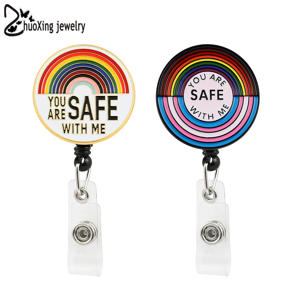 You Are Safe With Me Rainbow Flag Pride LGBT Lovers Enamel Brooch Retractable Badge Reel Nurse Exhibition Student Name Card