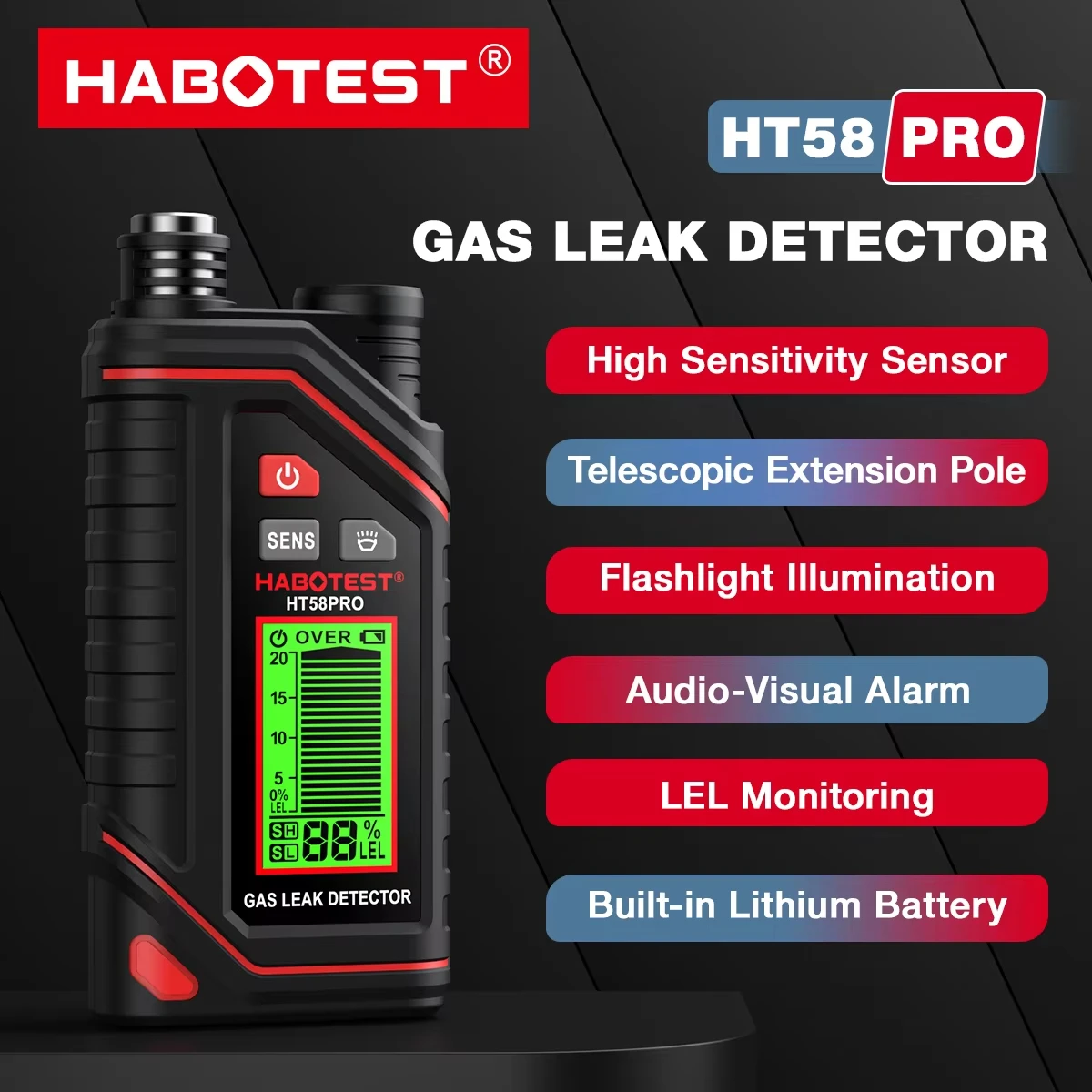 HABOTEST HT58Pro Детектор горючих газов со звуковой и световой сигнализацией 0-9999 ppm