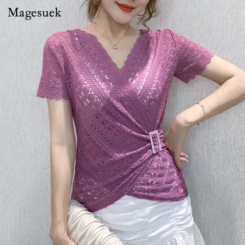 

5XL Women Lace Tops New Arrivals Summer Short Sleeve V-neck Women Blouse Shirt Sexy Hollow Out Lace Tops Plus Size Blusas 13154