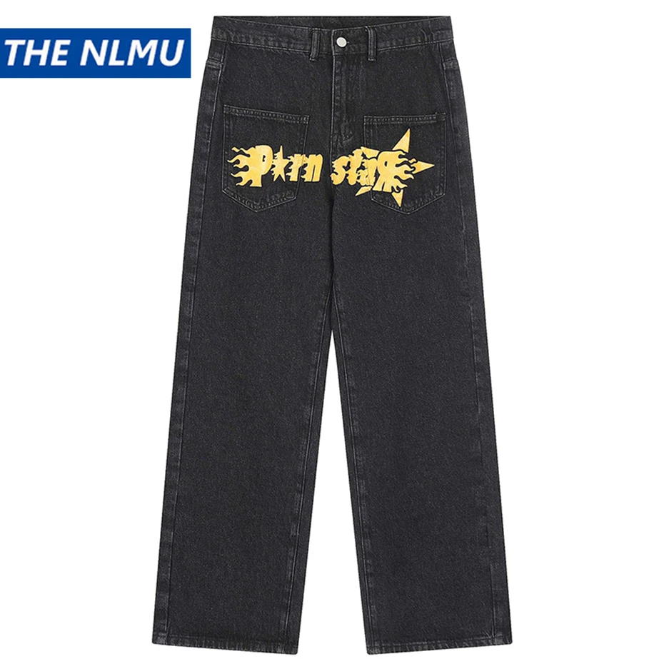Streetwear Hip Hop Baggy Jeans Fire Letter Star Loose Straight Denim Pants Men Black Blue Harajuku Loose Jeans Trousers