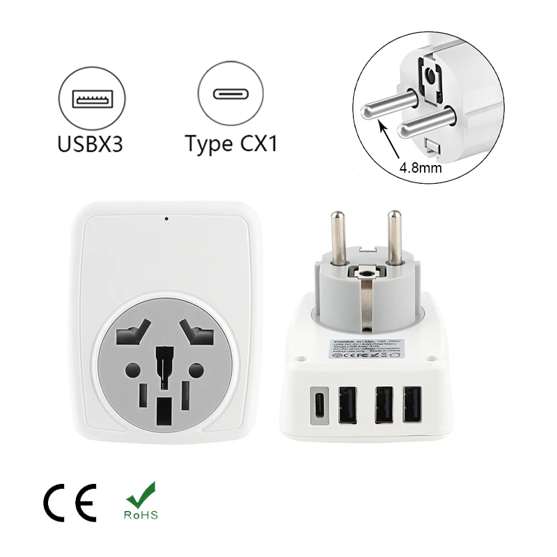 

Universal Power Strip With 3 USB and 1 Type-C Port Travel Adapter Wall Socket Power Extension Plug Adapter AC Converter Outlets