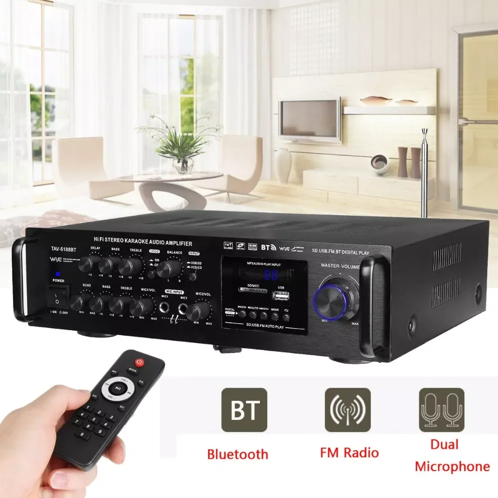 

NEW 220-240V 2000W Wireless Digital Audio Amplifier 4ohm bluetooth Stereo Karaoke Amplifier 2 MIC Input FM RC Home Theater