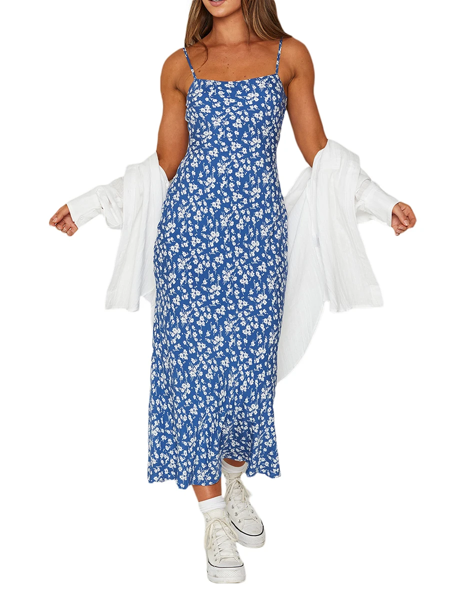 

Women Floral Long Dress Sleeveless Sling Spaghetti Strap Tie-Up Backless Dress Summer Fashion Wild Beach Party Dress