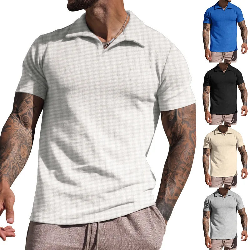 

Men's Summer Lapel T-shirt Men's Heavy Weight Waffle Slim Short Sleeved Solid Casual V-neck Polo Shirt Shirt Harajuku 2023