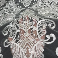 high quality classic white pearl beaded lace mesh embroidery thread sequins fabric wedding dress material for women evening gown