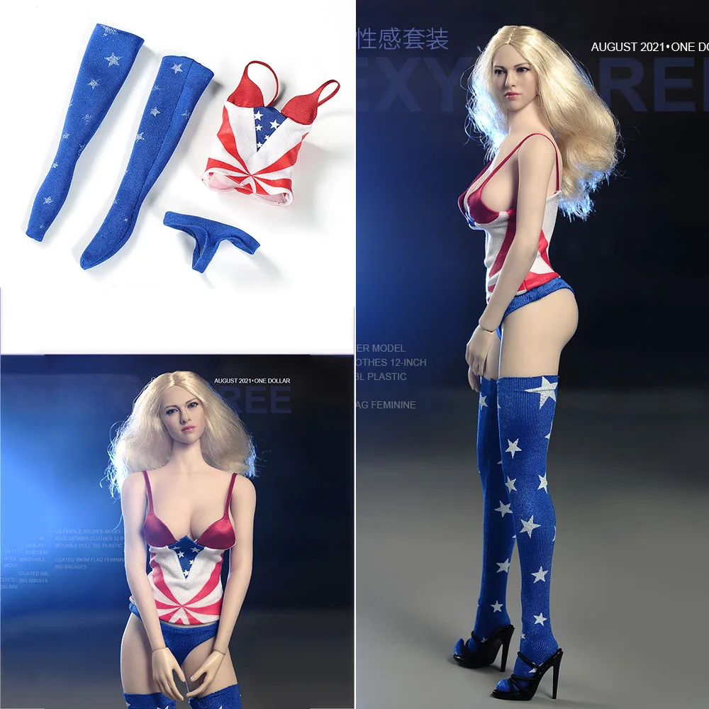 

1/6 Scale Women's Figure Clothes Bikini Flag Clothes Set Sling Vest Panties Stocking Model for 12 inches Largest Bust Body