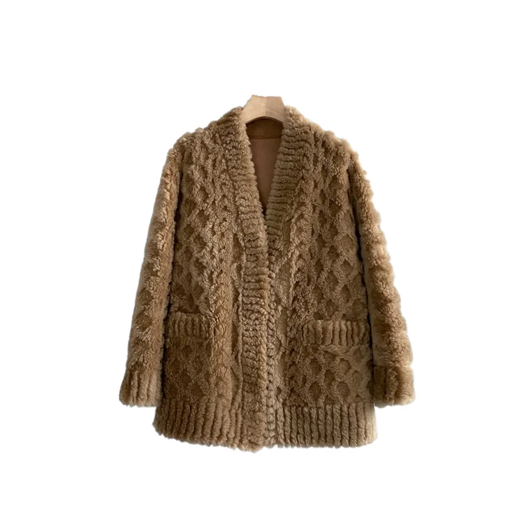 2023 New Fashion Winter Jacket Women Real Fur Coat Thick Casual Warm Solid Soft Pocket V Neck Lamb Fur Streetwear Outerwear F25