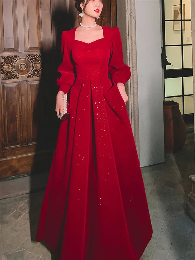 

2023 Temperament Dress Women's Solid Color Spring Autumn New Square Collar Long-sleeved A-line Long Skirt Fashion Female Clothin