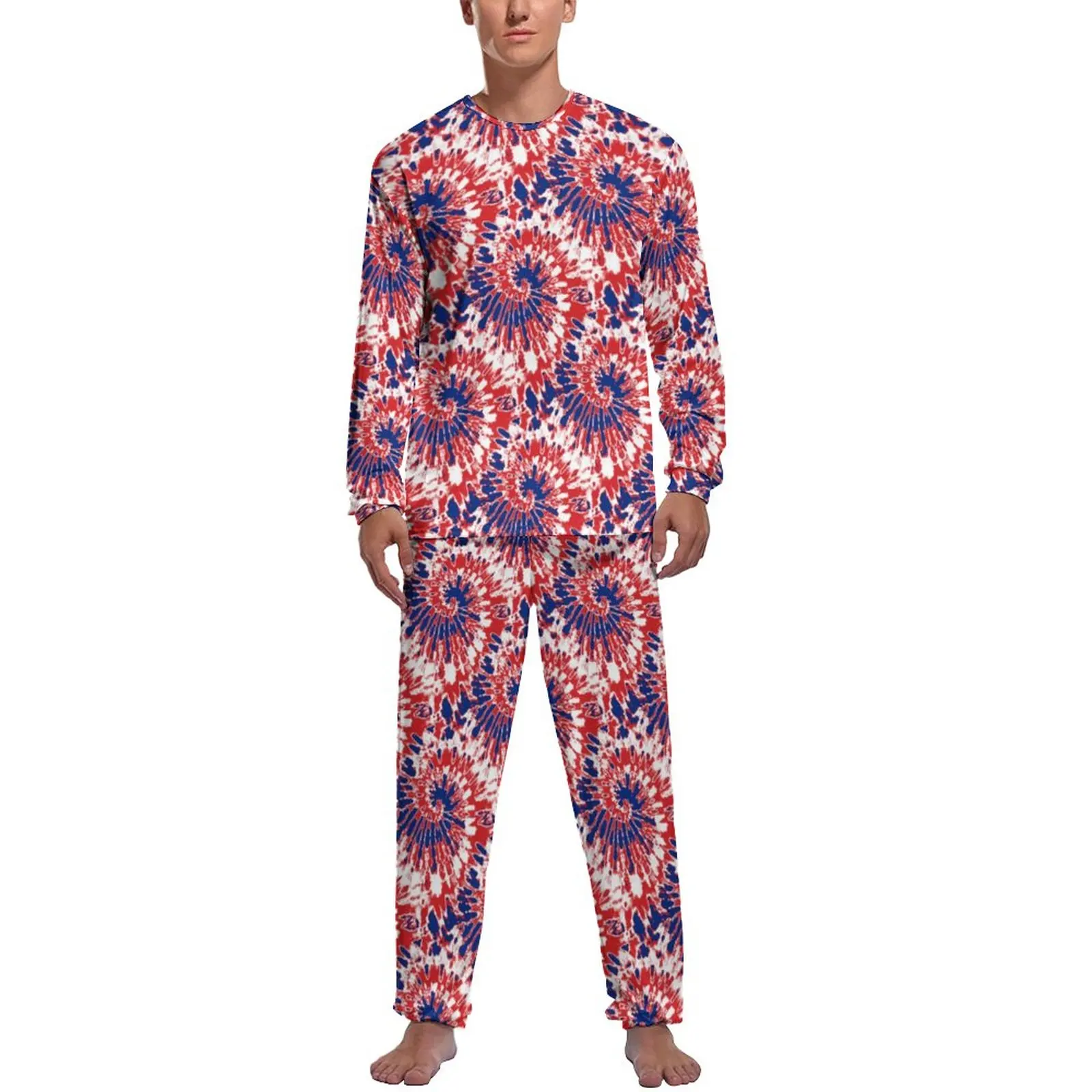 Firework Tie-Dye Pajamas Long Sleeve Red White Blue 2 Pieces Casual Pajama Sets Spring Male Graphic Lovely Sleepwear