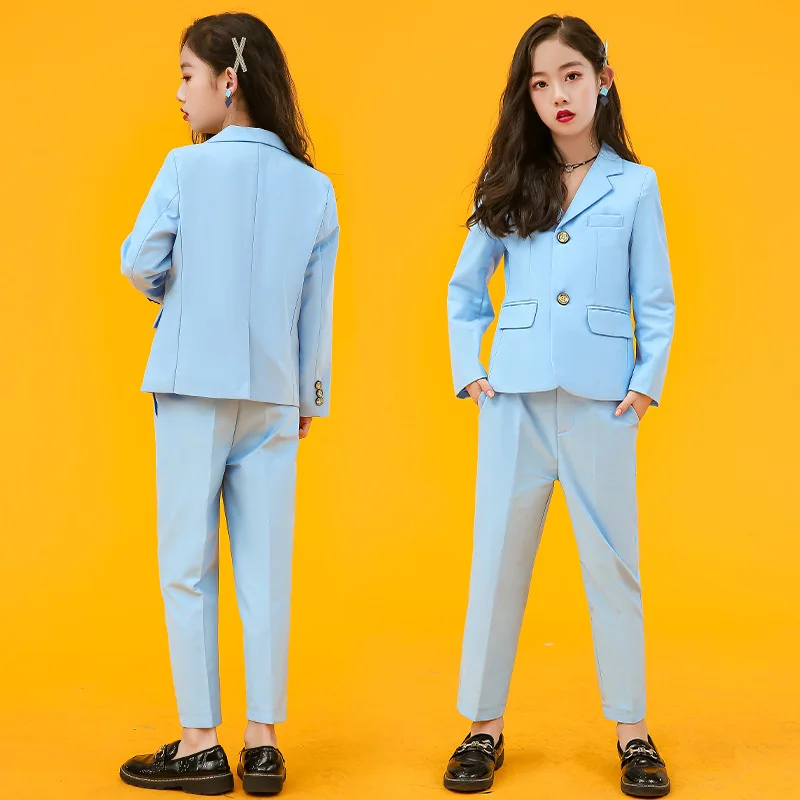 

Children Solid 3pcs Vest Fashion Clothing Pants Set Catwalk Host Blazer Show Costume Set Girls Kids Blue Color Suits