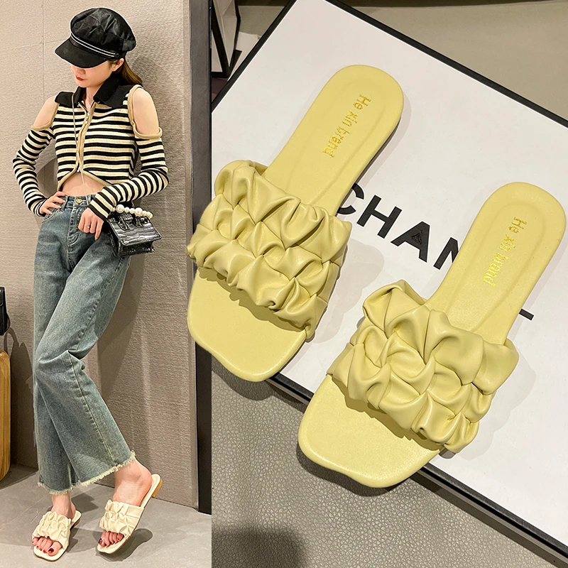 

Women Slippers Summer 2023 New Outdoor Pleated Flat Beach Slippers Women Flip Flops Trend Yellow Blue Soft PU Leather Sandals