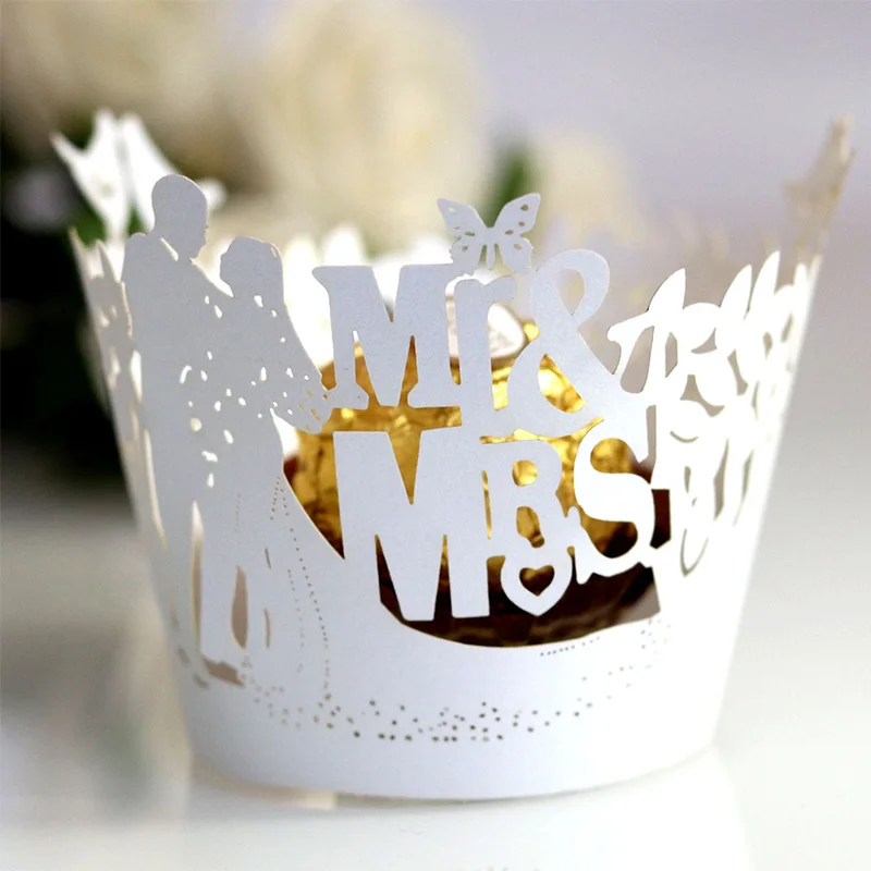 

10/20pcs Mr & Mrs Cake Wrapper Laser Cut Couple Cupcake Dessert Wrapping Paper Wedding Decoration Anniversary Party Supplies