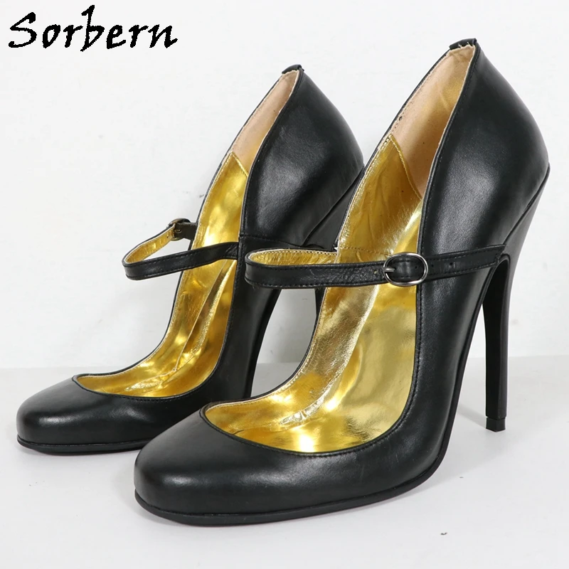 

Sorbern Retro Round Toe Pump Shoes Women Burlesque Heel High Arch 14Cm Stilettos Genuine Leather Sissy Boy Extra Shallow Mouth