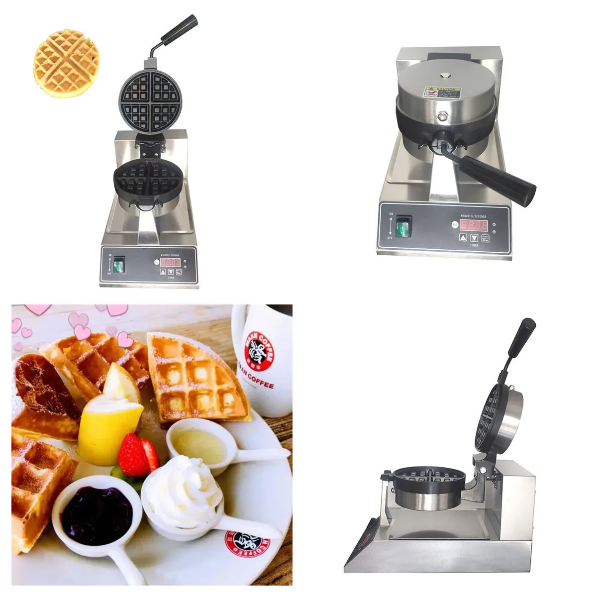 

110V/220V Commercial Stainless Steel Rotaty Non-stick Bubble Belgian Waffle Maker Snack Waffles Making Machine Food Equipment