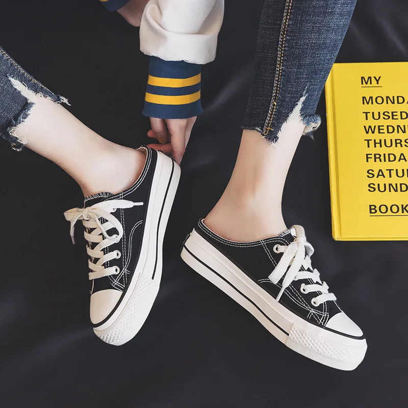 

Canvas Shoes for Women, Half Slippers, No Heel, Students, Daily All-match Platform Shoes Breathable Woman Vulcanize Shoes