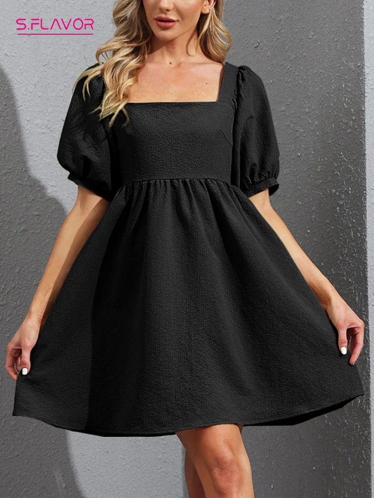 

S.FLAVOR Women's Solid Color Square Collar Black Mini Dress Sexy Puff Short Sleeve Backless Dresses High Street Sundress
