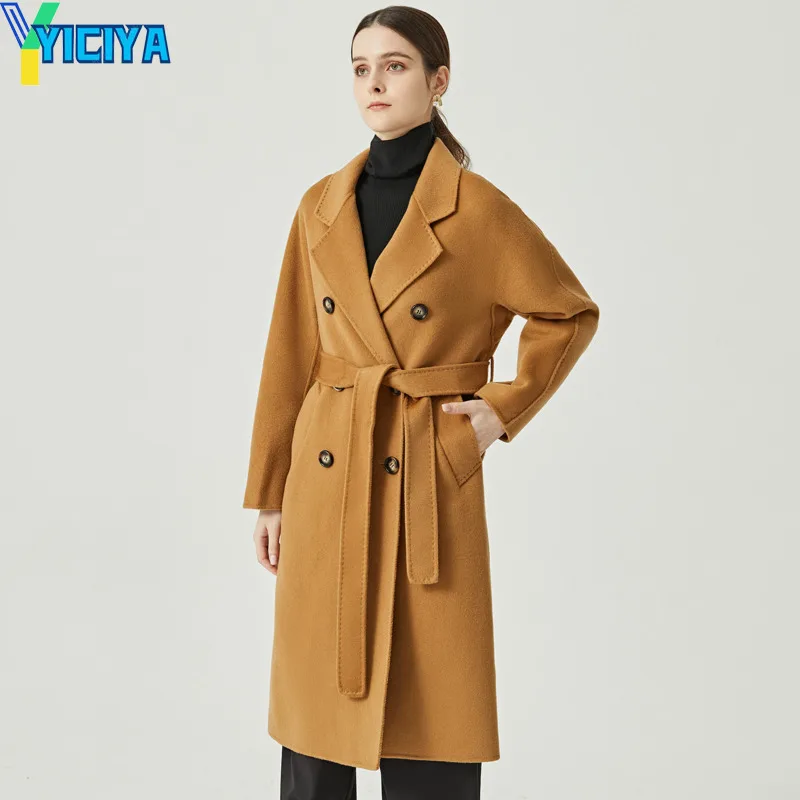 

YICIYA 2022 Winter Women Coats Warm Wool Long Sleeve Trench Coat Streetwear Female Handmade Overcoats With Belt Cashmere Coat