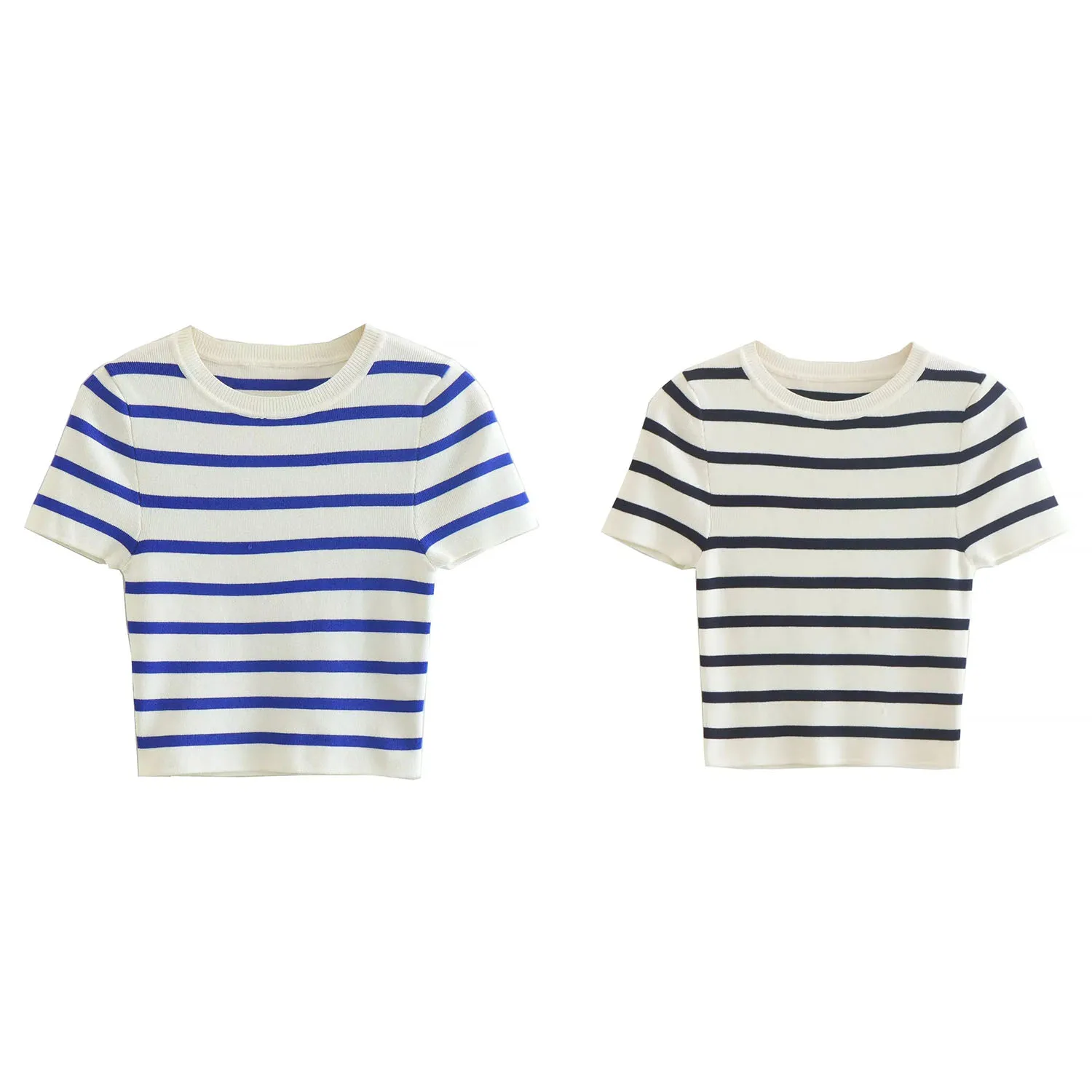 

Fashion 2023 Women Knitted Stripe Short T-Shirts Korean Style O-Neck Short Sleeve Pullover High Waist Slim Fit Female Tops