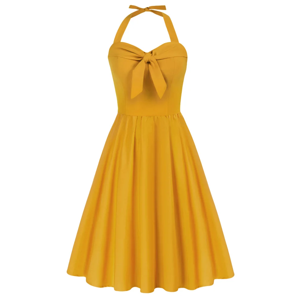 

BP Halter Pin Up Hepburn Style 50s 60s Vintage Dress Solid Midi Rockabilly Summer Dresses Homecoming Cocktail Party Dress