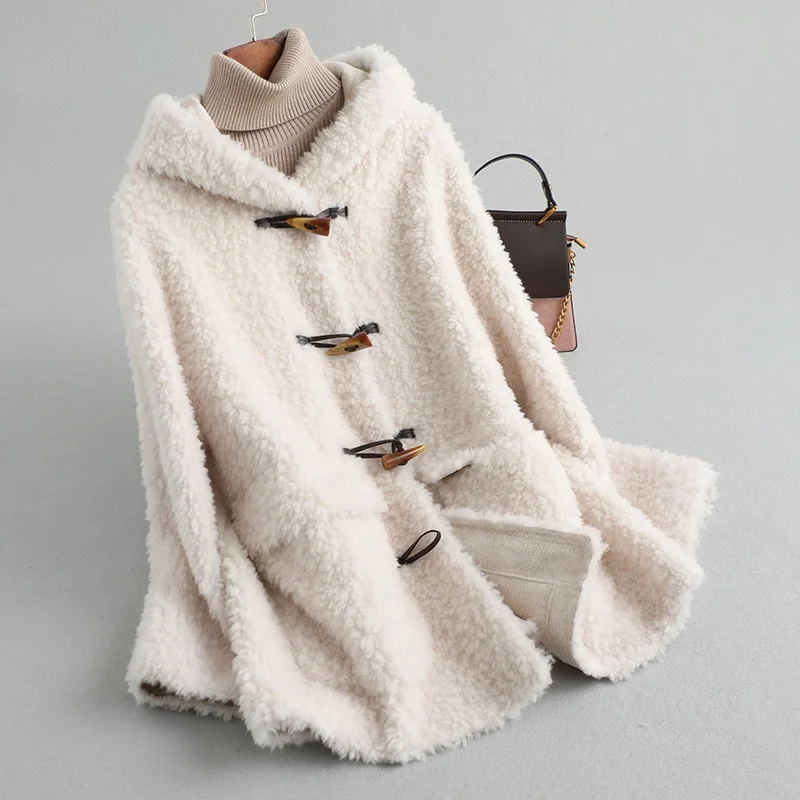 

Casual Real Wool Coat Female Winter 2023 Hooded Sheep Shearling Jacket Korean Women's Fur Coats Jaqueta Feminina Gxy669