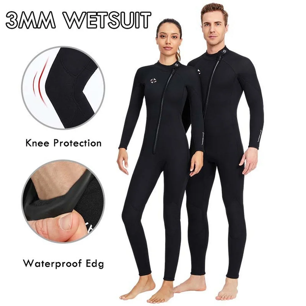 

3mm Neoprene Black Wetsuit for Mens Womens Full Length Front Zipper Diving Suit One-piece Couple Surfing Snorkeling