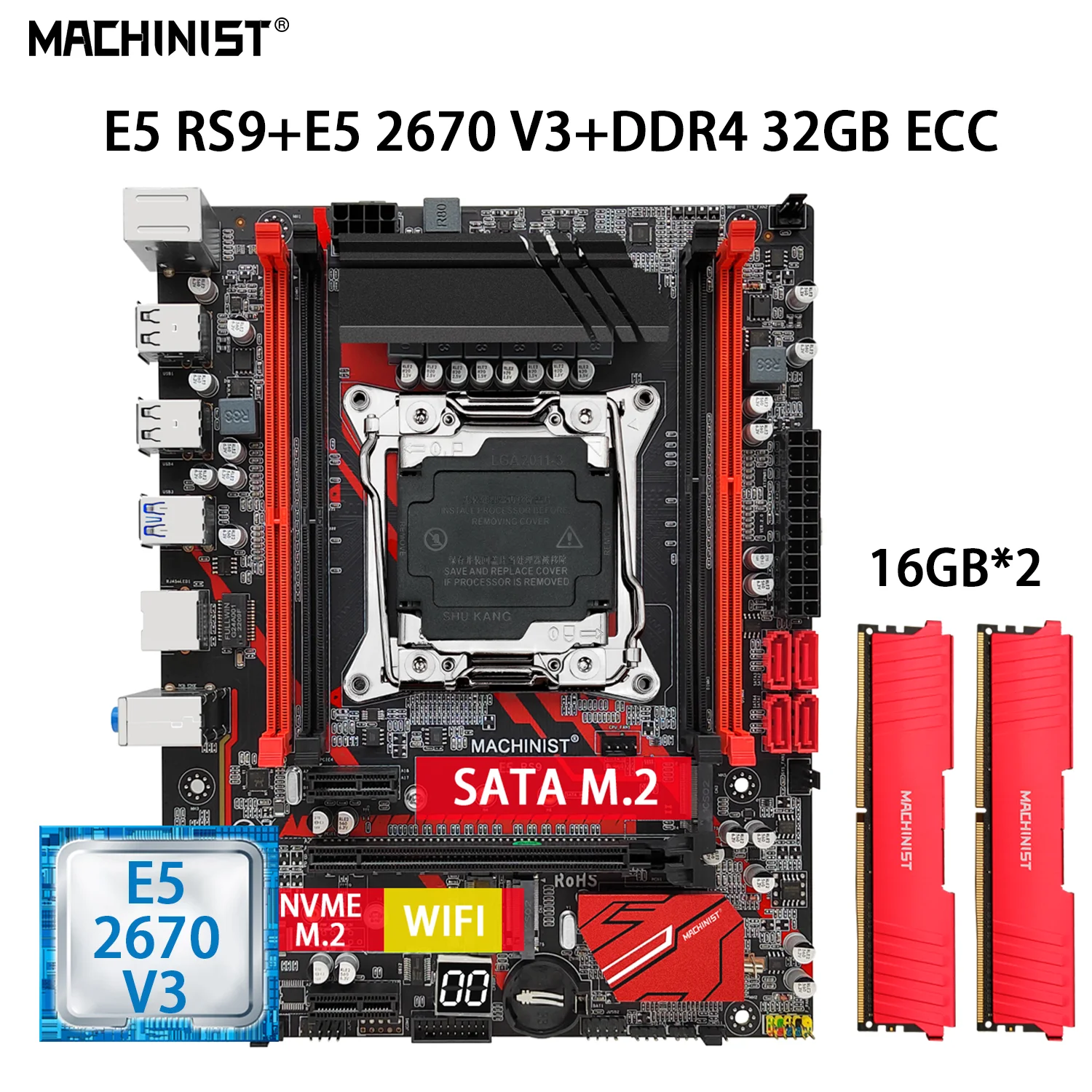 

MACHINIST E5 RS9 X99 Motherboard Set LGA 2011-3 Combo Kit Xeon E5 2670 V3 CPU Processor DDR4 RAM 2pcs*16GB ECC Memory NVME M.2