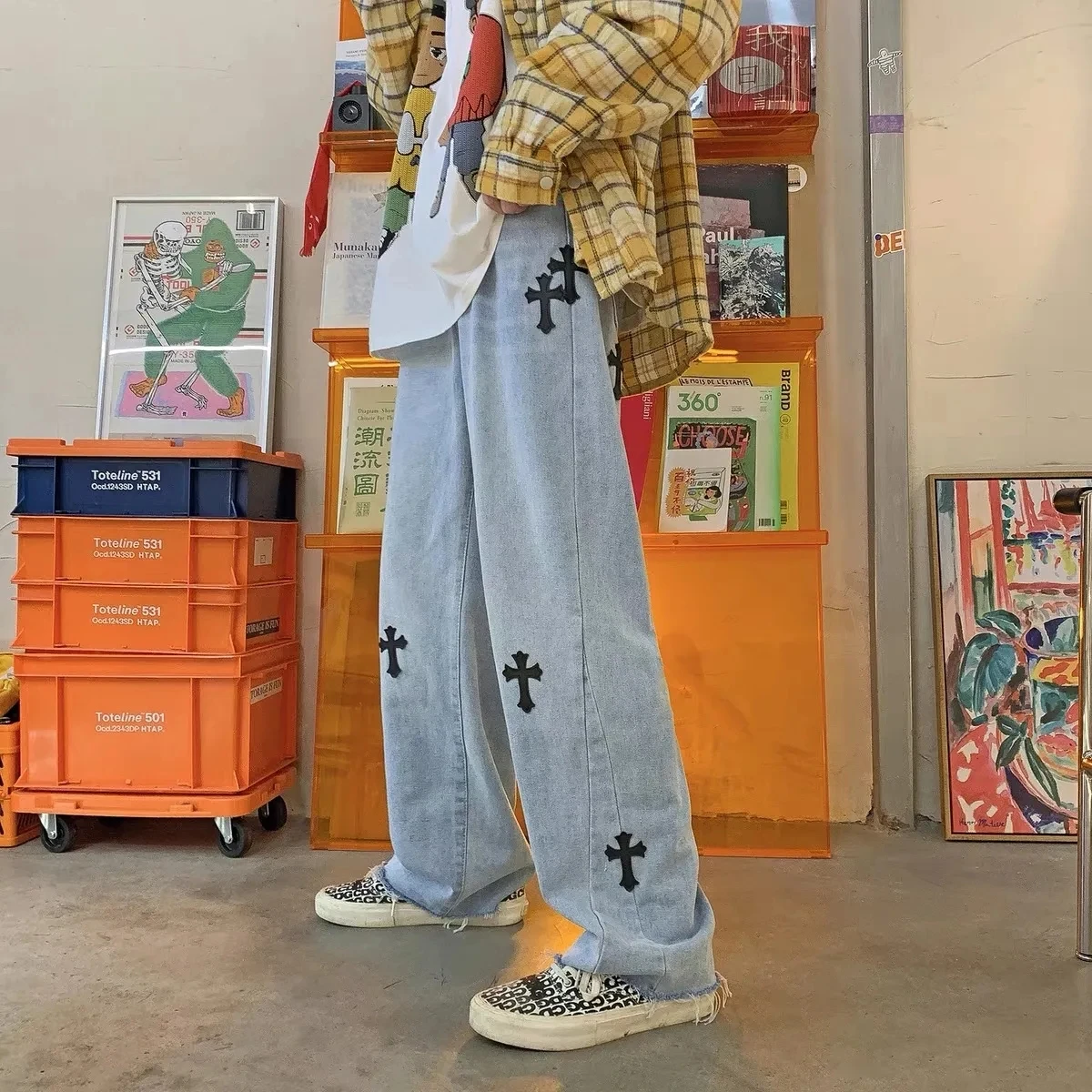 Men's jeans European and American high street cross embroidery y2k hip-hop tide brand straight loose wide-leg pants ins hot sale |