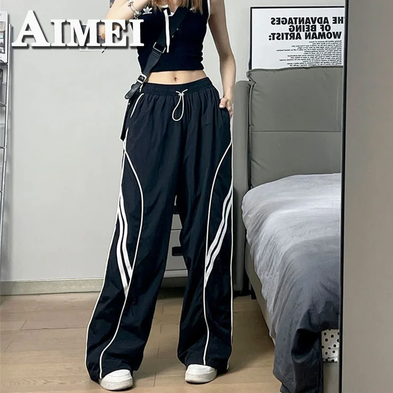

Женская одежда Y2K, винтажные полосатые широкие повседневные брюки, женские прямые спортивные брюки, Модный корейский стиль 2023