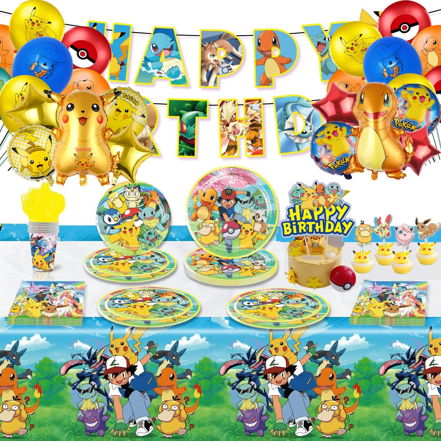 

Pokemon Kids Happy Birthday Party Backdrop Decoration Supplies Baby Shower PiKaChu Paper Cup+Plate Set Children Tattooo Stickers
