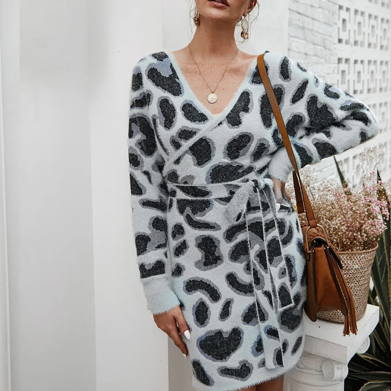 

Women Winter Fall Leopard Print Dress Elegant Sexy High Waist Knitted Female Fashion Long Sleeve V-Neck Sweater Dress with Belt