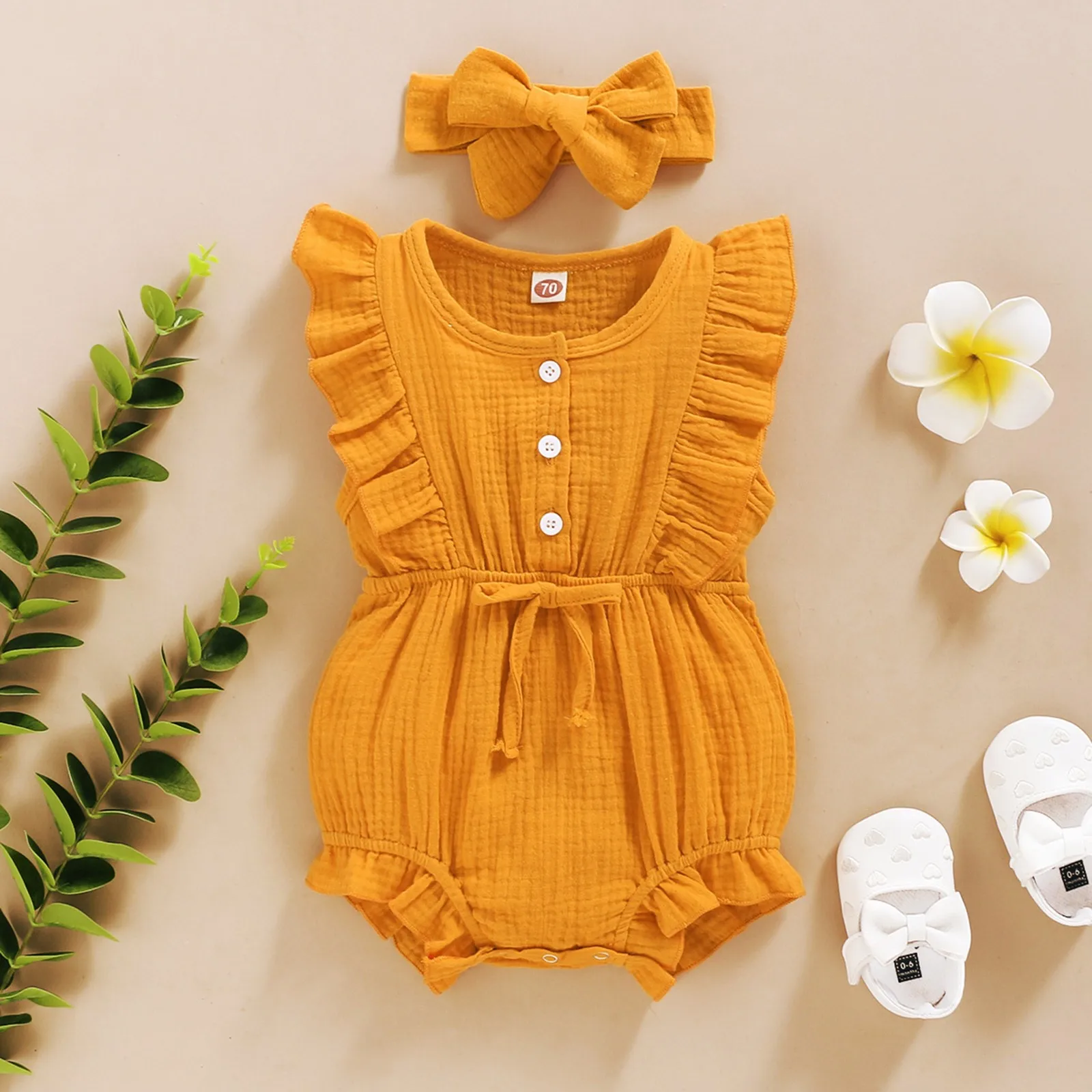 

0-24M Summer Newborn Baby Girls Romper Bow Headband Cotton Linen Ruffles Sleeveless Infant Bodysuit Solid Color New Born Clothes