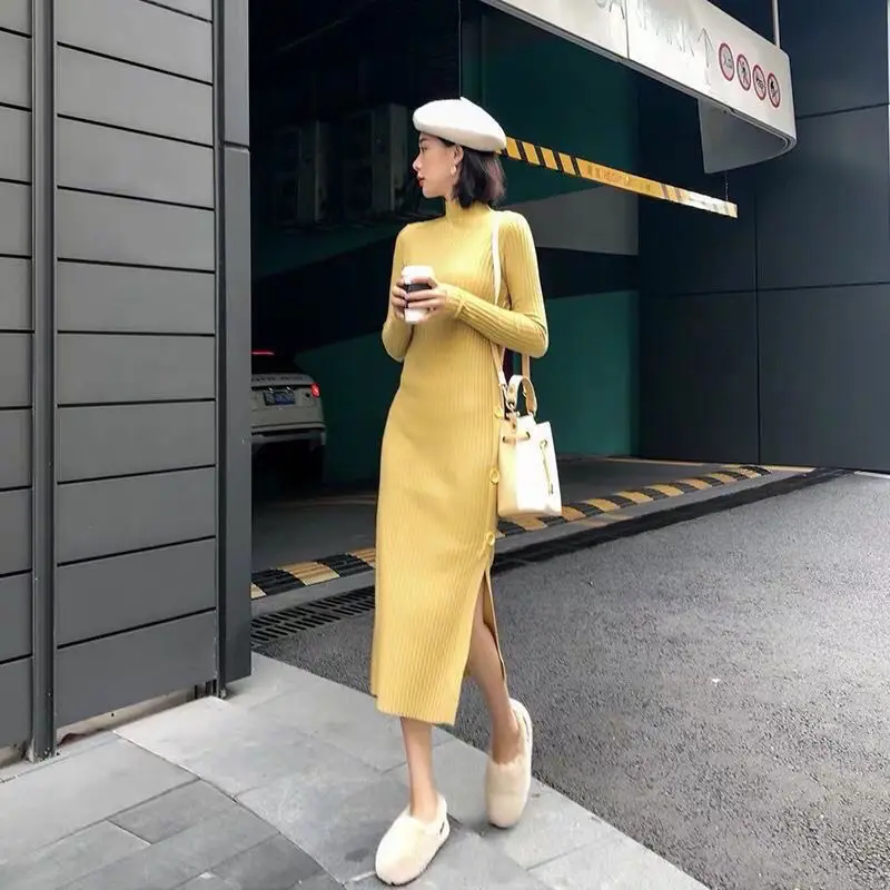 

Осень-зима 2022, однотонное вязаное платье-пуловер, элегантные халаты в Корейском стиле, модная женская одежда с длинным рукавом и V-образным в...