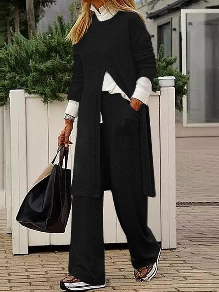 

2022 ZANZEA 2PCS Women's Autumn Long Sleeve Tracksuit Casual Solid Matching Sets Wide Leg Trouser Pant Sets Urban Outifits Suits