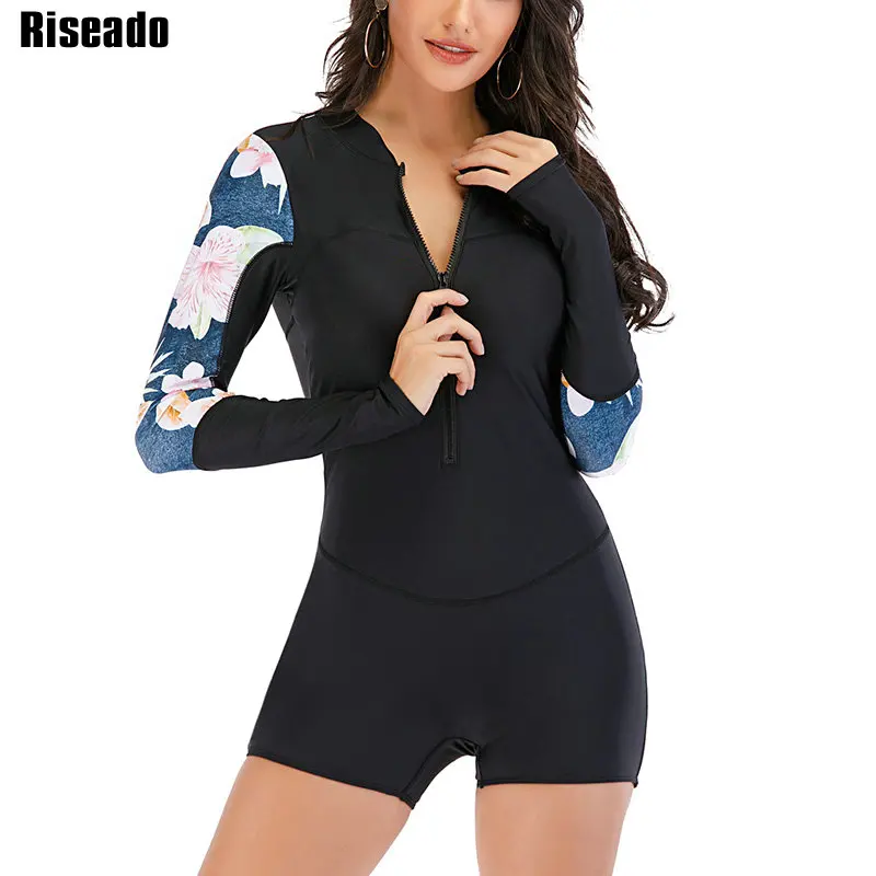 

Riseado Zipper One Piece Swimsuit Long Sleeves Women's Swimwear 2022 Floral Print Bodysuit Women Beachwear Boyshorts Rashguard