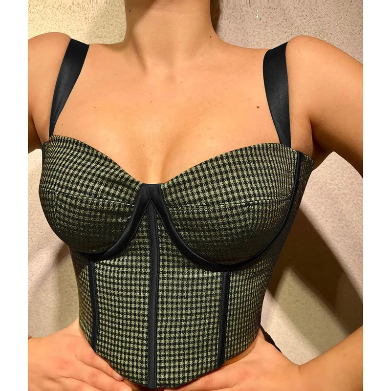 

Chic Fashion Plaid Corset Crop Top for Women Sleeveless Backless 2022 Summer Strappy Top Elegant Streetwear Stripe Corset Top