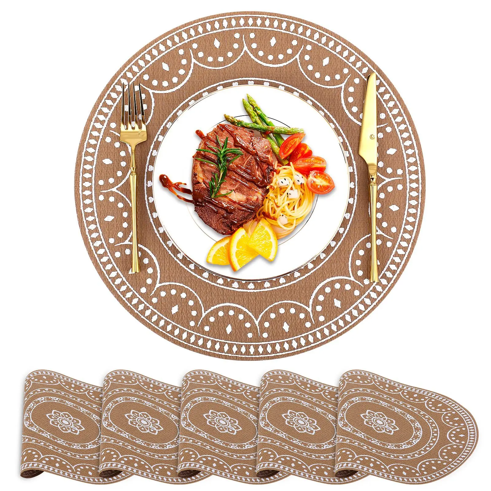 

1/PC Round Bohemian Placemat PVC Woven Table Mat Heat Insulation Home Placemat Washable Minimalist Decoration Kitchen Supplies