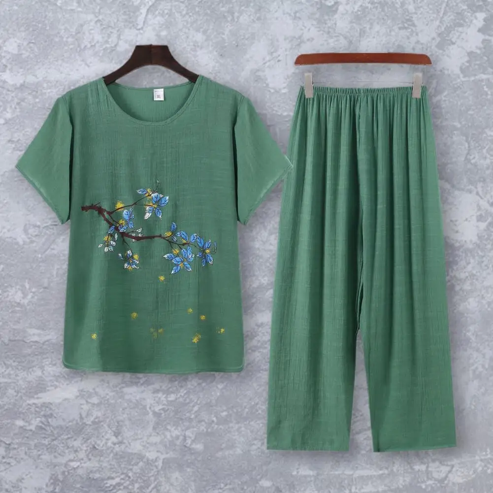 

2 Pcs/Set Fashion Elastic Waist Grandmother Summer Pajamas Set Pants Set Grandma Style Sleepwear